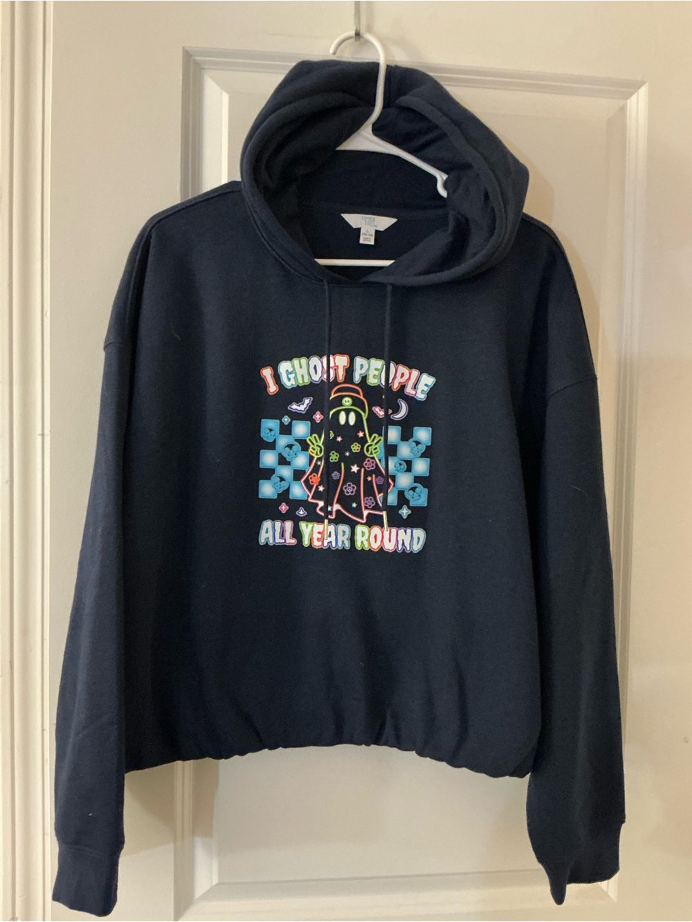 Custom Halloween Hoodie Graphic Screen Print Navy Bubble Hem Ghost Size L NWT